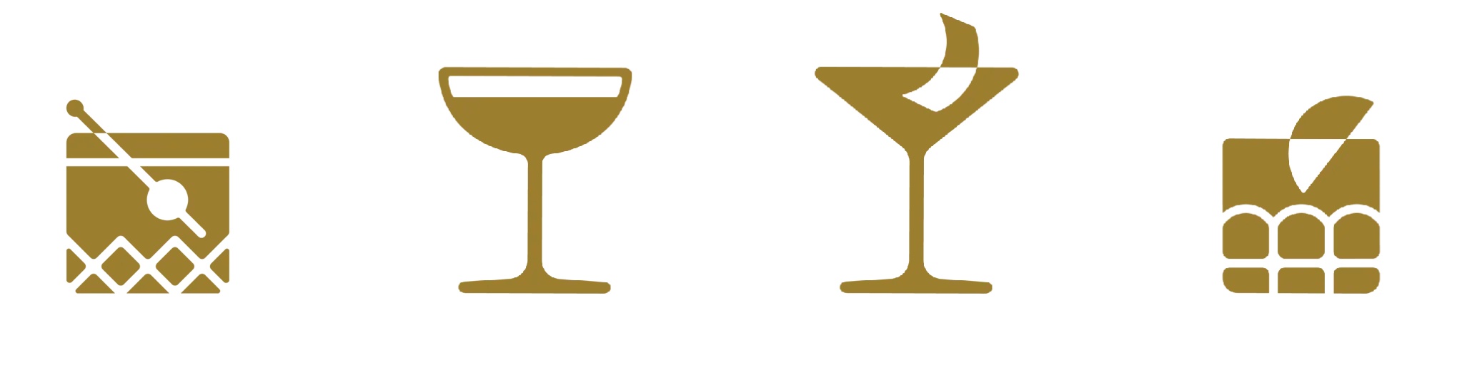 The four cocktail icons: a rocks glass with a pick, a coupe, a martini glass with a twist, and a highball with citrus