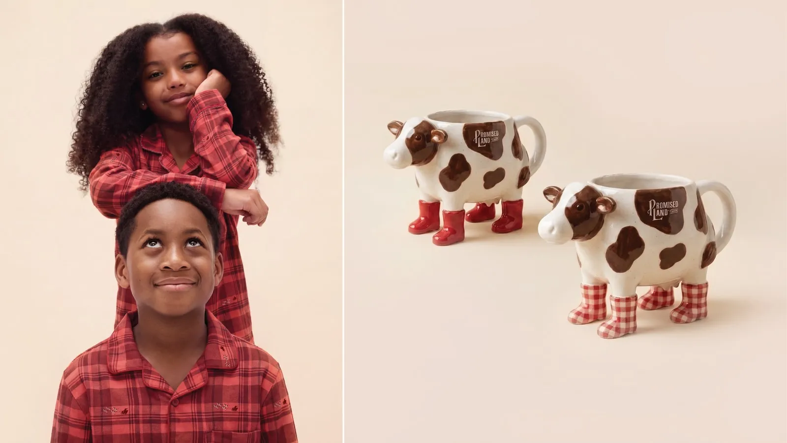 Brother and sister in red plaid Promised Land Dairy pajamas, her chin on his head, beside two cow-shaped ceramic mugs with the Promised Land Dairy logo, one in red boots and one in red gingham boots