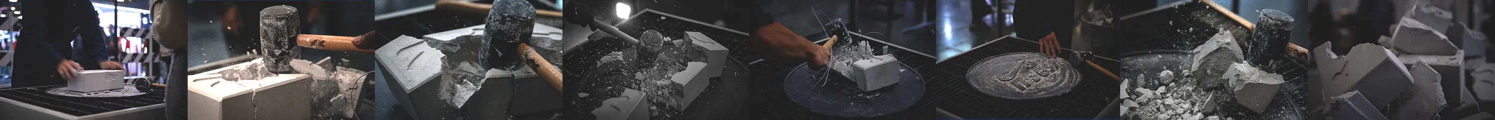 Eight stills of concrete shoe boxes being smashed open